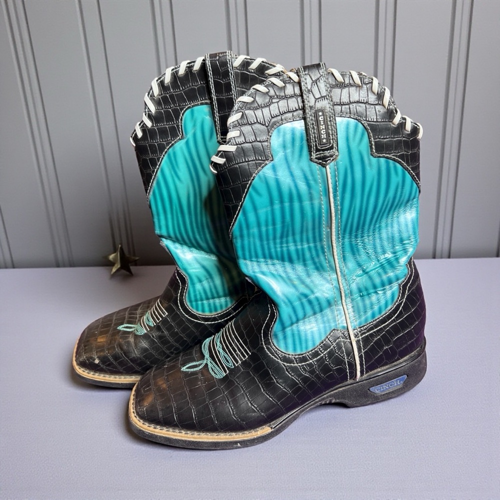 Cinch Western Boots Womens 6M Turquoise Leather Embossed Square Hard to Find EUC
